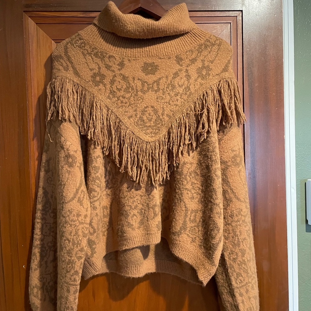 Brown Fringe Turtleneck Sweater